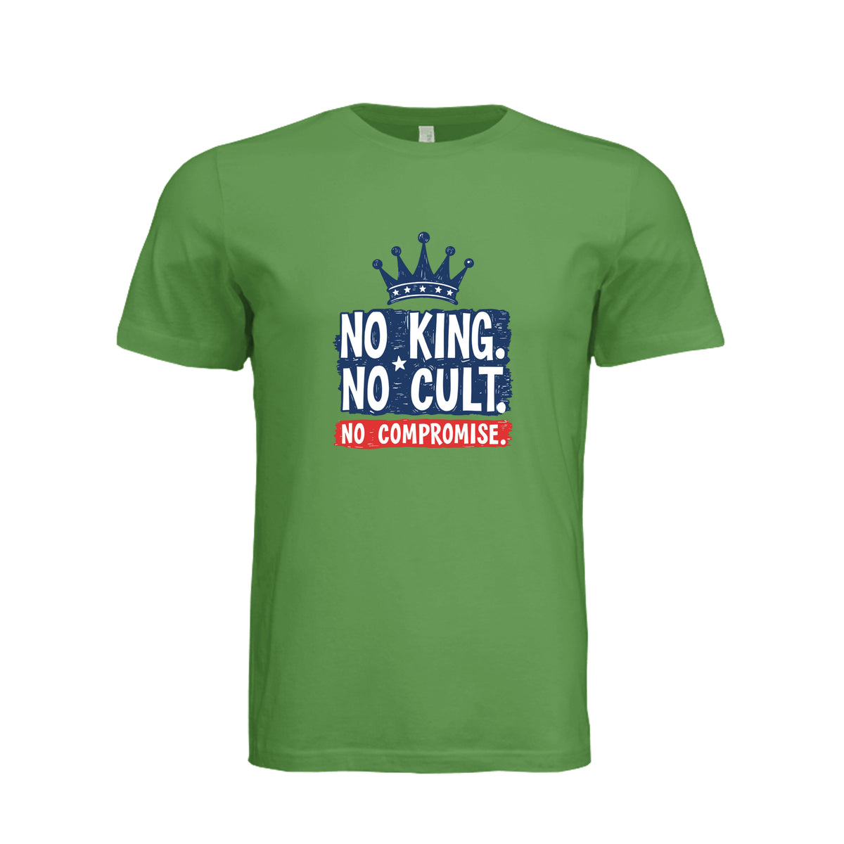 Leaf Bella + Canvas 3001 T-shirt with No King No Cult No Compromise crown graphic on front