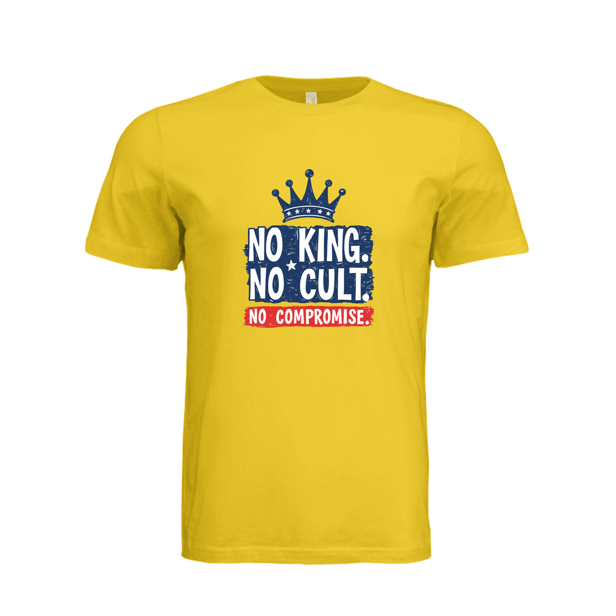 Maize Yellow Bella + Canvas 3001 T-shirt with No King No Cult No Compromise crown graphic on front