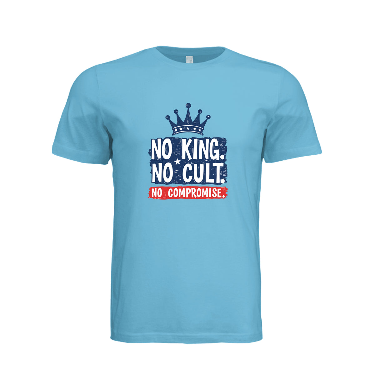 Ocean Blue Bella + Canvas 3001 T-shirt with No King No Cult No Compromise crown graphic on front