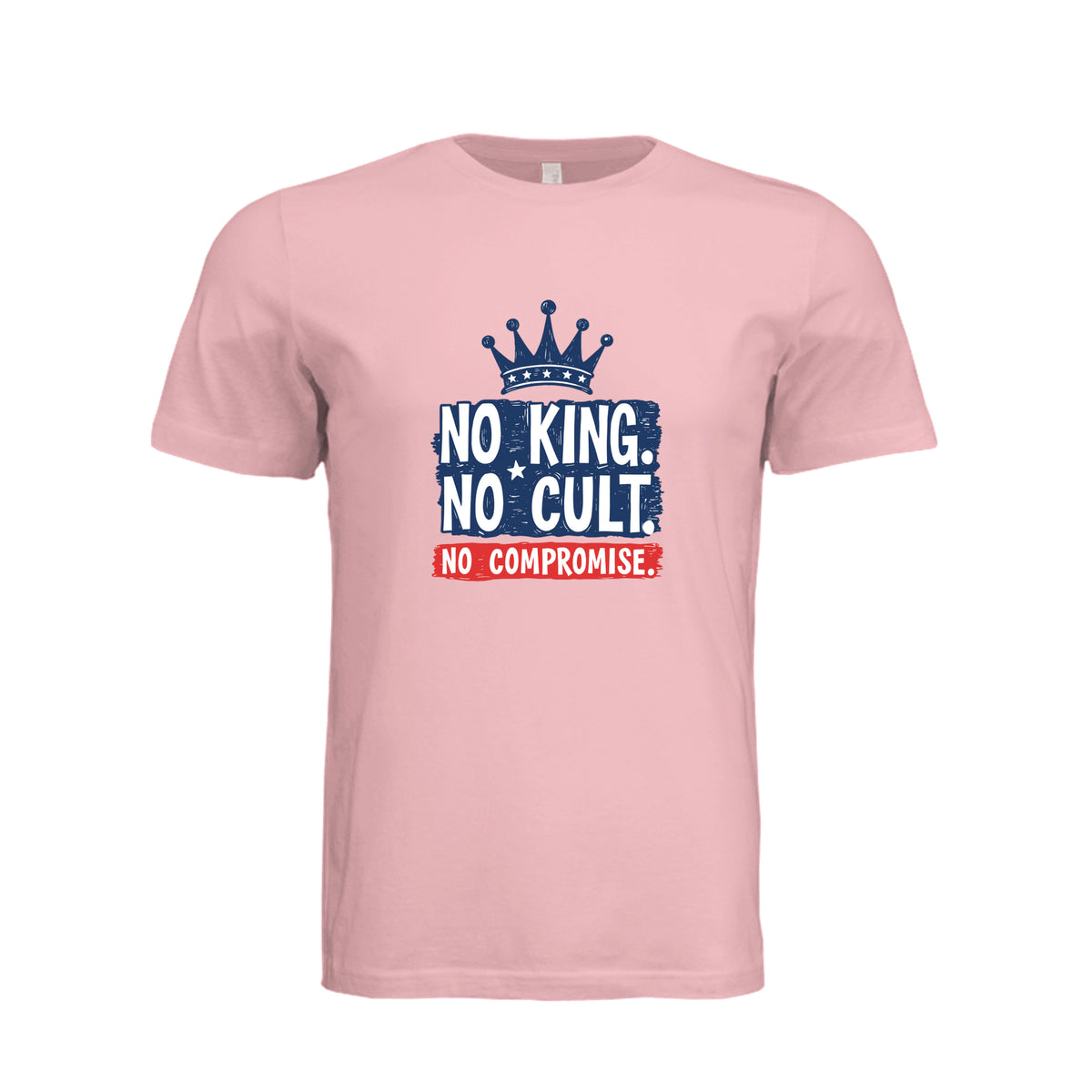 Soft Pink Bella + Canvas 3001 T-shirt with No King No Cult No Compromise crown graphic on front