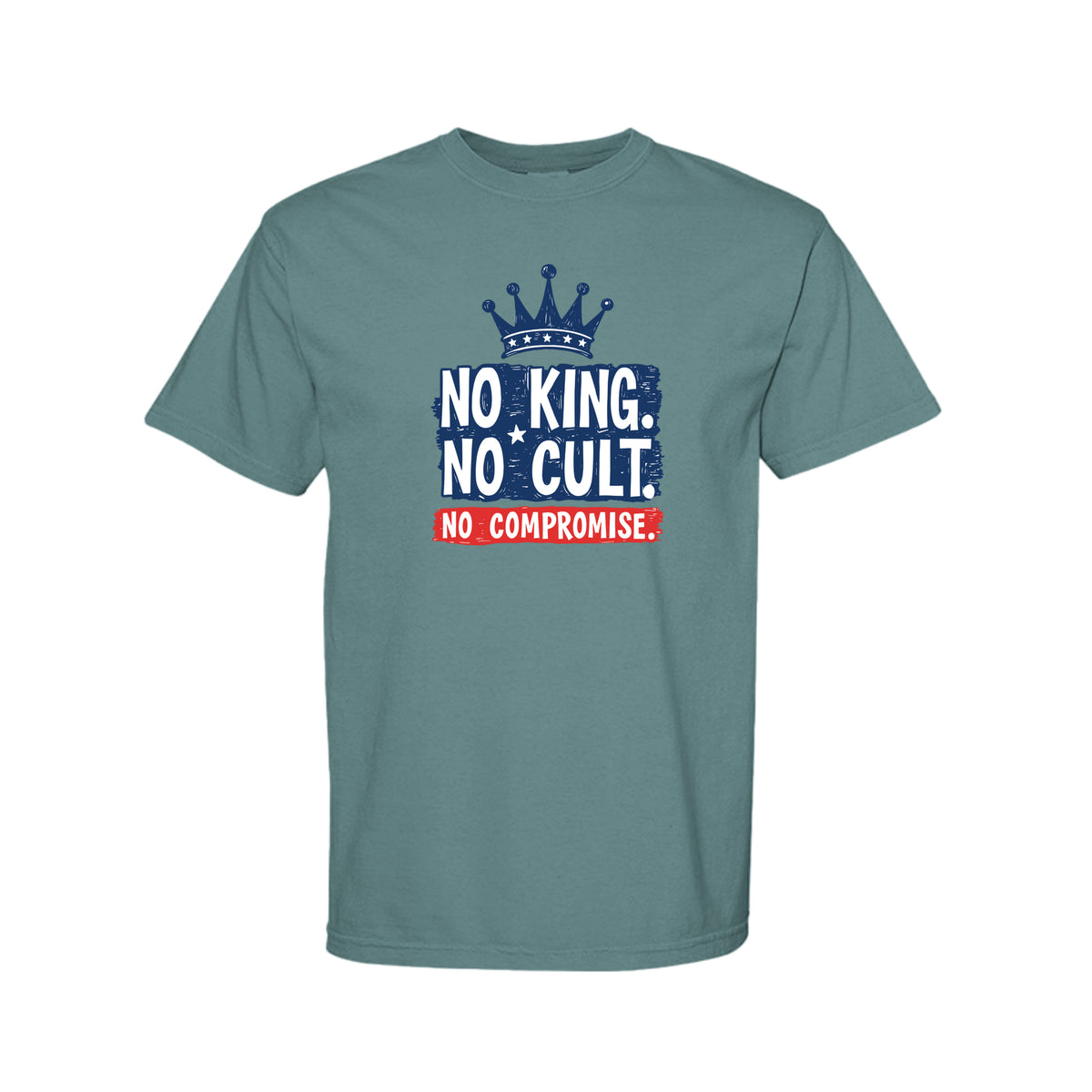 Ice Blue Comfort Colors 1717 heavyweight T-shirt with No King No Cult No Compromise crown graphic on front